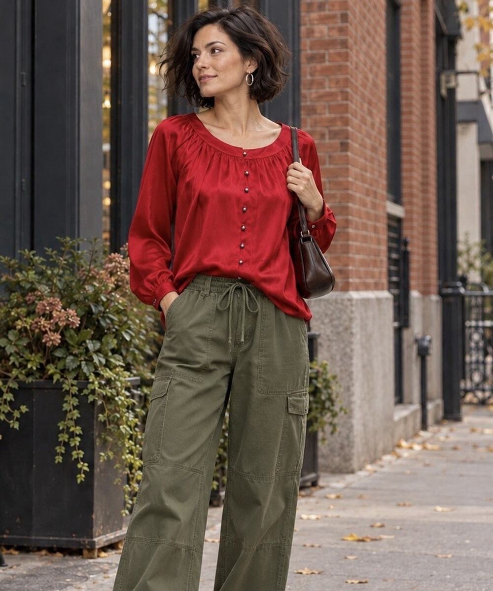 Alfani Red 100% Silk Button-Down Blouse Long Sleeve Glam Sz 4